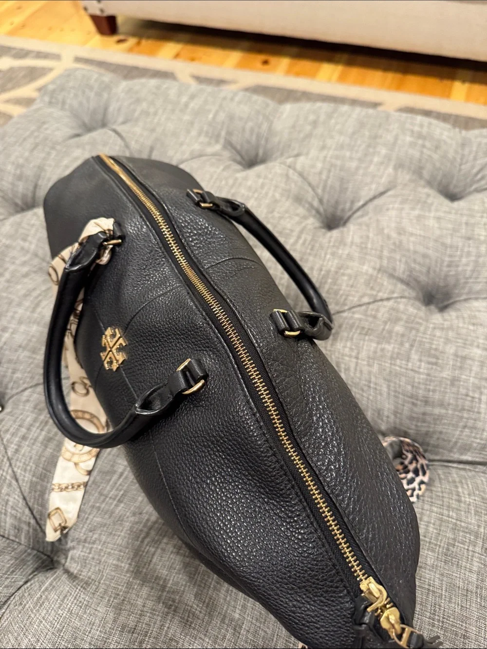 Tory Burch Bag Ivy Slouchy Black Leather Satchel with Leopard Crossbody Strap